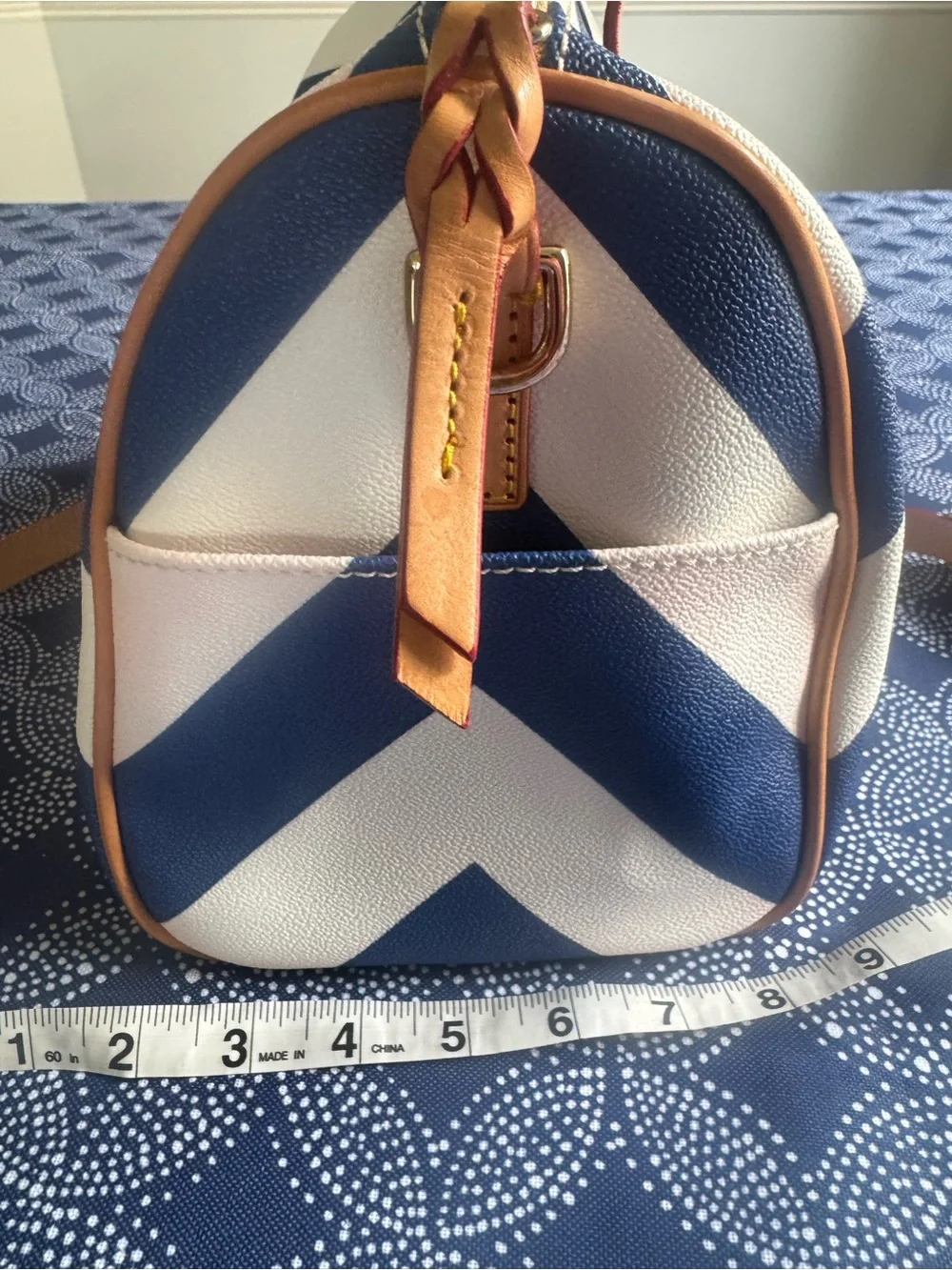 Striped Blue and White Dooney and Bourke Satchel with Tan leather Trim